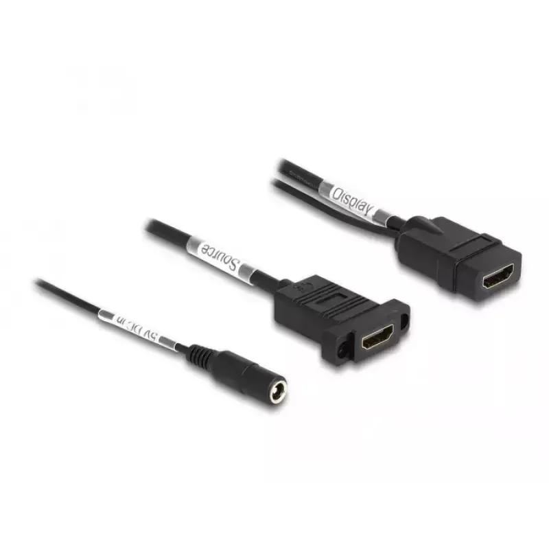 Cable HDMI DeLOCK 4K 60 Hz con alimentación DC 2,1 x 5,5 mm 0,30 m montaje en panel