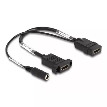 Cable HDMI DeLOCK 4K 60 Hz con alimentación DC 2,1 x 5,5 mm 0,30 m montaje en panel