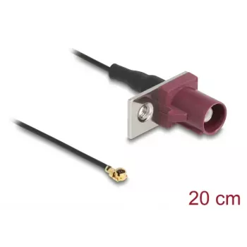 Cable coaxial DELOCK 90730 — FAKRA D a I-PEX MHF1, 0,2 m, Ø1,13 mm, negro/burdeos