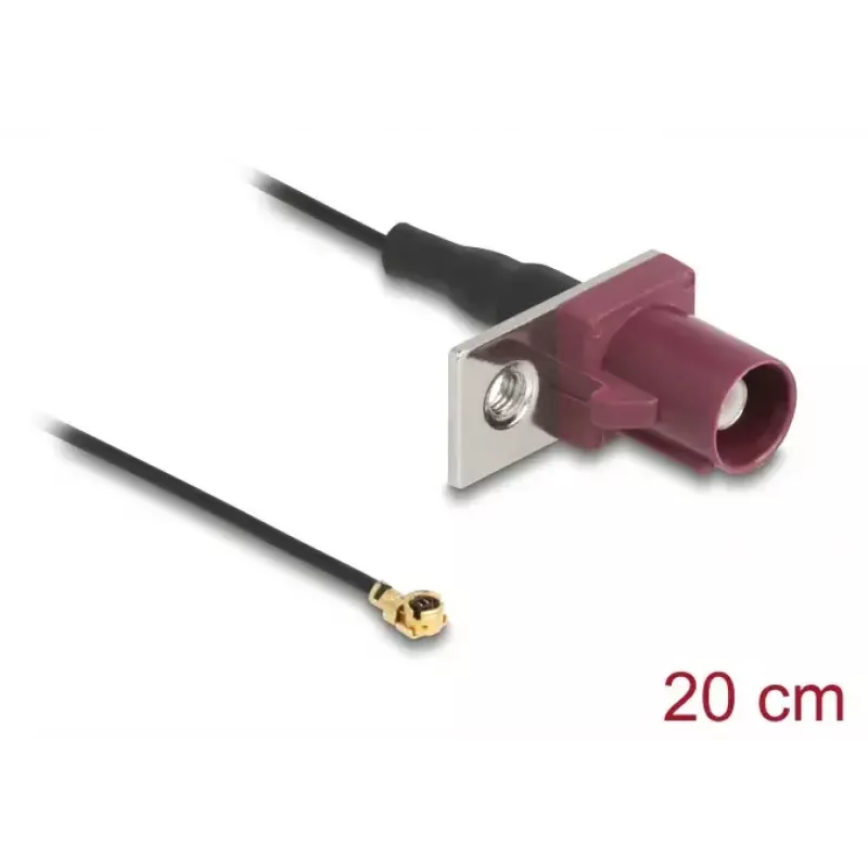 Cable coaxial DELOCK 90730 — FAKRA D a I-PEX MHF1, 0,2 m, Ø1,13 mm, negro/burdeos