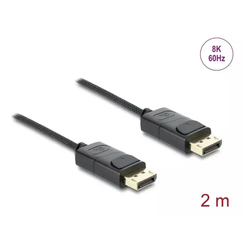 Cable coaxial DisplayPort DELOCK 8K 60 Hz, DisplayPort a DisplayPort, 2 m, negro, trenzado