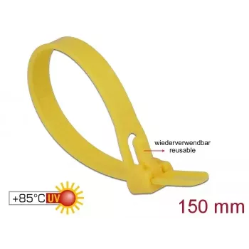 Brida de cable reutilizable DELOCK 18760 — nailon, 150×7,5 mm, amarillo, 100 uds.