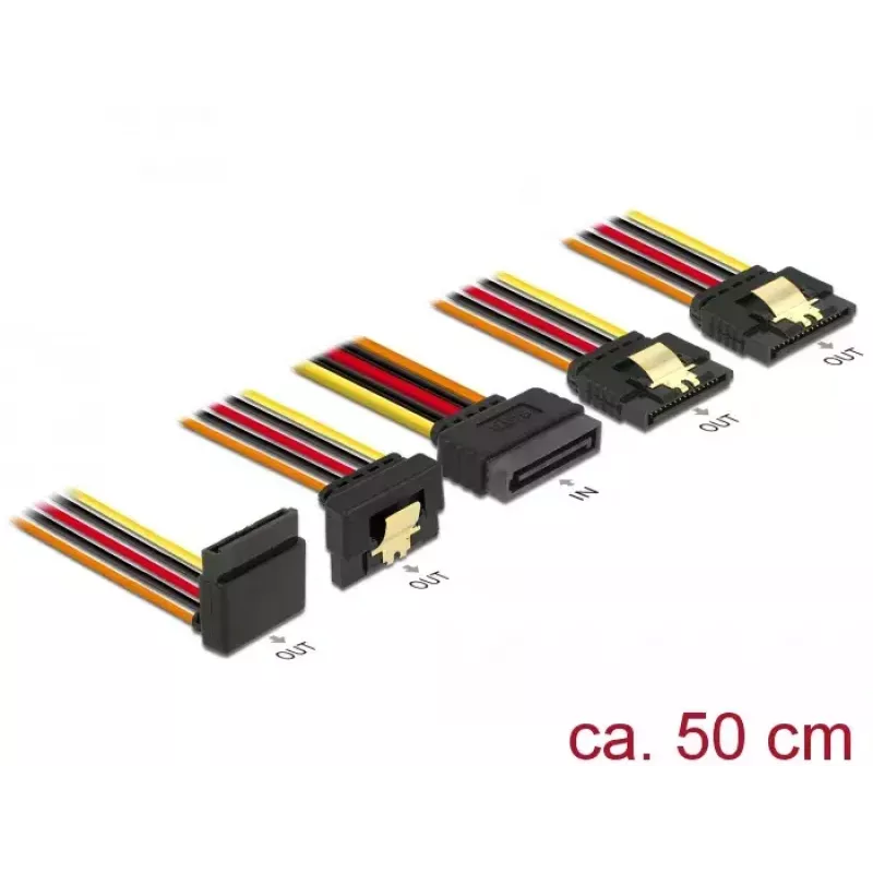 DeLOCK 60149 cable divisor de alimentación SATA, macho de 15 pines a 4x hembra de 15 pines, con enclavamiento, 0,5 m, negro/amarillo/rojo/naranja