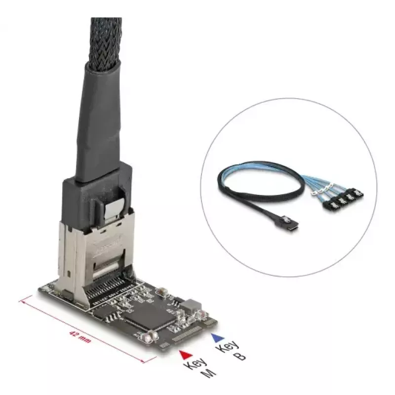 Tarjeta adaptadora DELOCK interna M.2 a Mini-SAS 64260, host M.2, salida Mini-SAS, JMicron JMB585, negra, LED