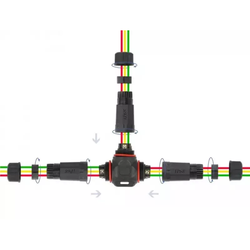 Delock 86917 Conector de cable para exteriores, en forma de T, 3 pines, IP68, tipo tornillo, negro