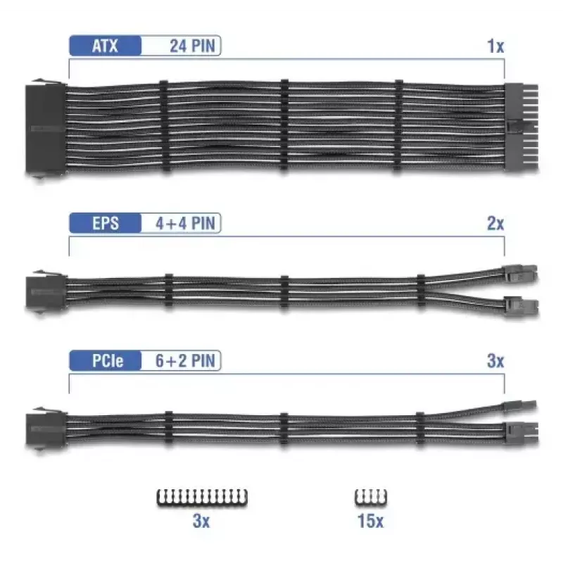 DELOCK set de cables de extensión para fuente de alimentación 30 cm, 6 piezas con funda (1×24 pines ATX, 2×4+4 pines EPS, 3×6+2 pines PCIe) negro