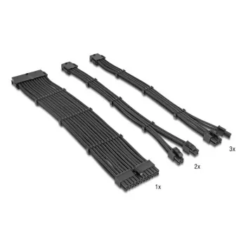 DELOCK set de cables de extensión para fuente de alimentación 30 cm, 6 piezas con funda (1×24 pines ATX, 2×4+4 pines EPS, 3×6+2 pines PCIe) negro