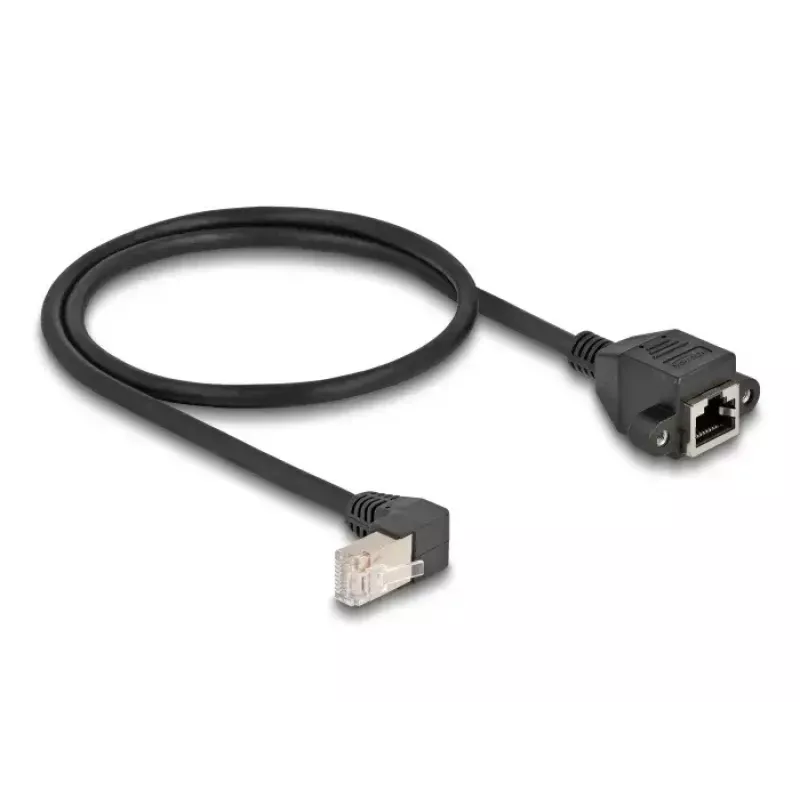 Cable de extensión de red DELOCK S/FTP RJ45 en ángulo de 90° a RJ45 Cat.6A 0,5 m negro
