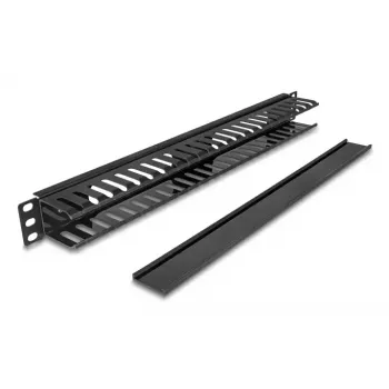 Placa guía de gestión de cables DELOCK 19 pulgadas 1HE con 2 aberturas, metal/plástico, negro