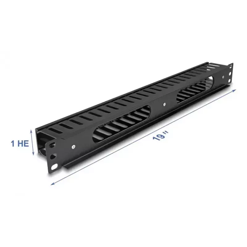 Placa guía de gestión de cables DELOCK 19 pulgadas 1HE con 2 aberturas, metal/plástico, negro