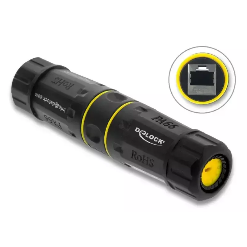 Adaptador de acoplamiento DELOCK conector hembra RJ45 a conector hembra RJ45 con rosca M23, Cat.6a/Cat.7, IP68, negro
