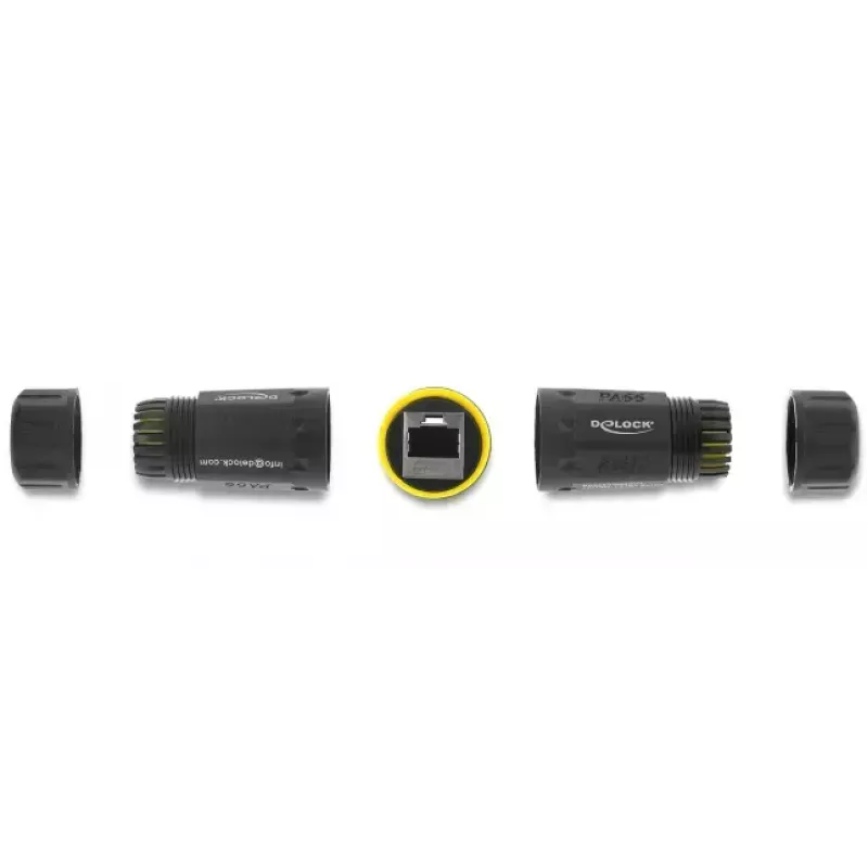 Adaptador de acoplamiento DELOCK conector hembra RJ45 a conector hembra RJ45 con rosca M23, Cat.6a/Cat.7, IP68, negro