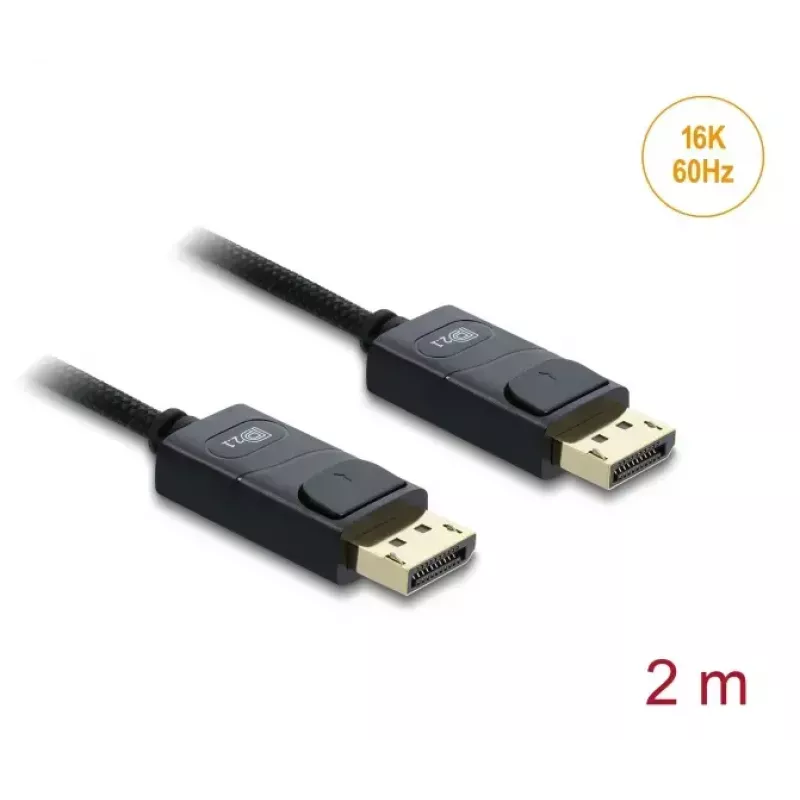 Cable coaxial DisplayPort DELOCK 16K 60 Hz 80 Gbps, DisplayPort a DisplayPort, 2 m, negro, funda trenzada