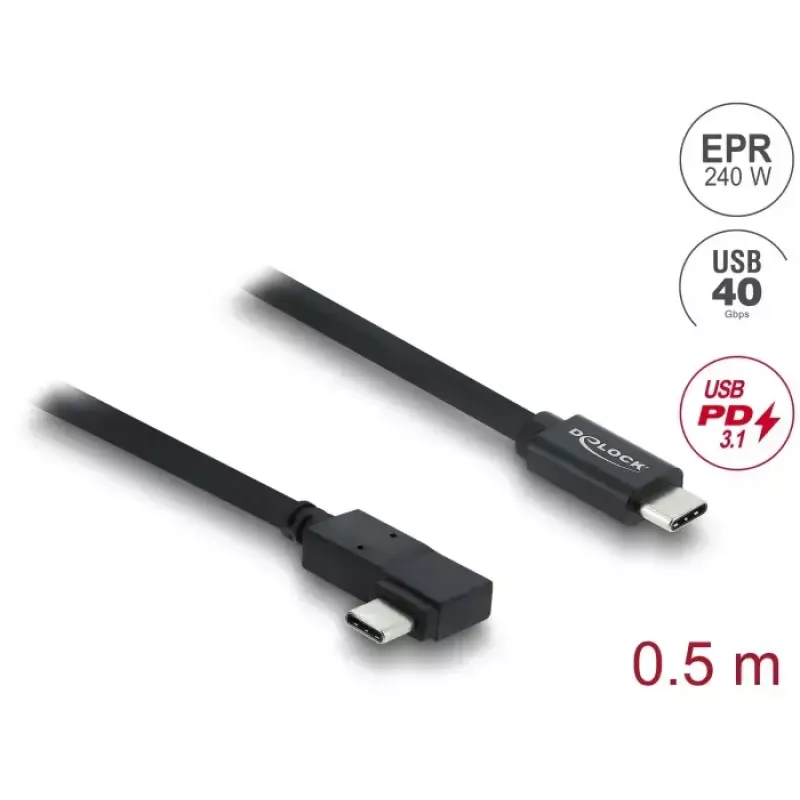 Cable coaxial DELOCK USB4 Gen 3x2 en ángulo izquierda/derecha USB-C a USB-C 40 Gbit/s USB PD 3.1 240 W 0,5 m