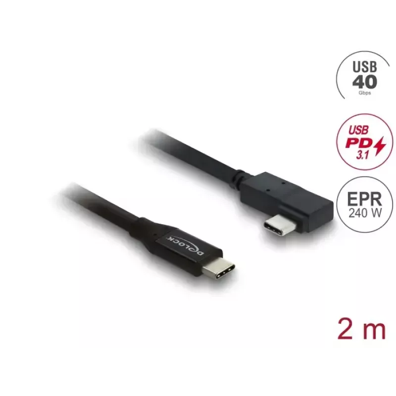 Cable DELOCK coaxial USB4 Gen 3x2 40 Gbps USB-C a USB-C acodado izquierda/derecha PD 3.1 240W 2 m