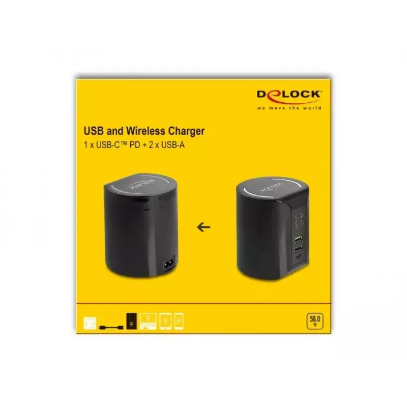 Cargador USB e inalámbrico DeLOCK 1 × USB Type-C PD + 2 × USB Type-A 58 W