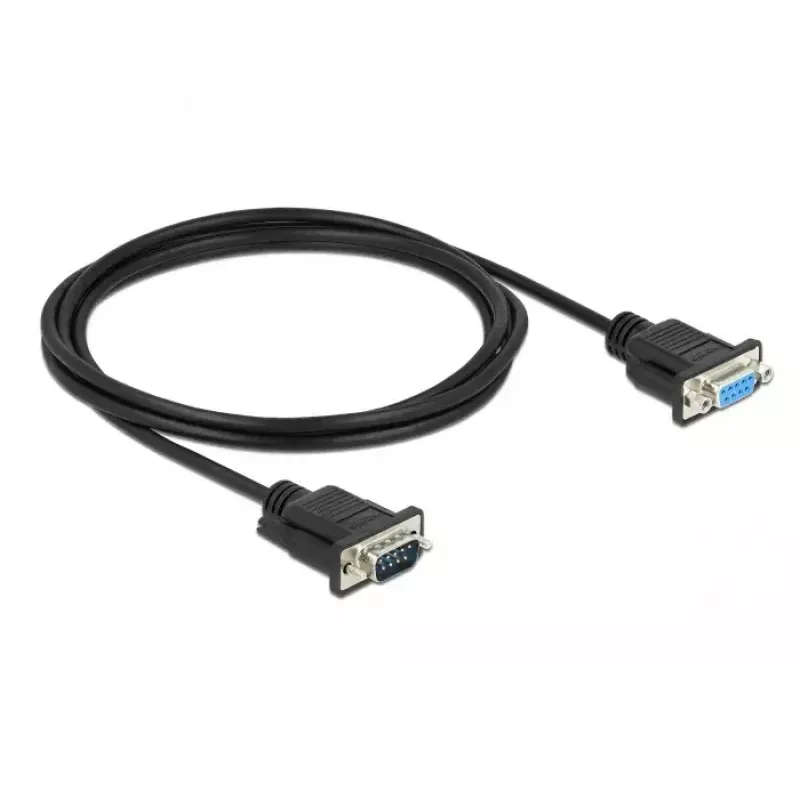Delock Cable módem nulo RS-232, D-Sub 9 macho a hembra, carcasa de conector delgada, 2 m, negro