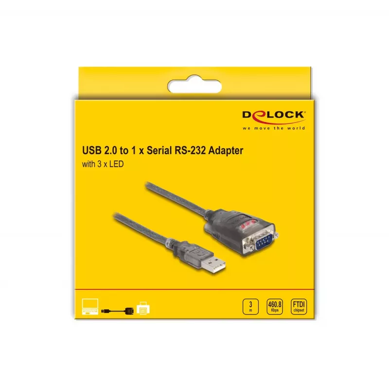 Adaptador DeLOCK USB 2.0 Type-A a serie RS-232 D-Sub 9 polos conector macho 3m