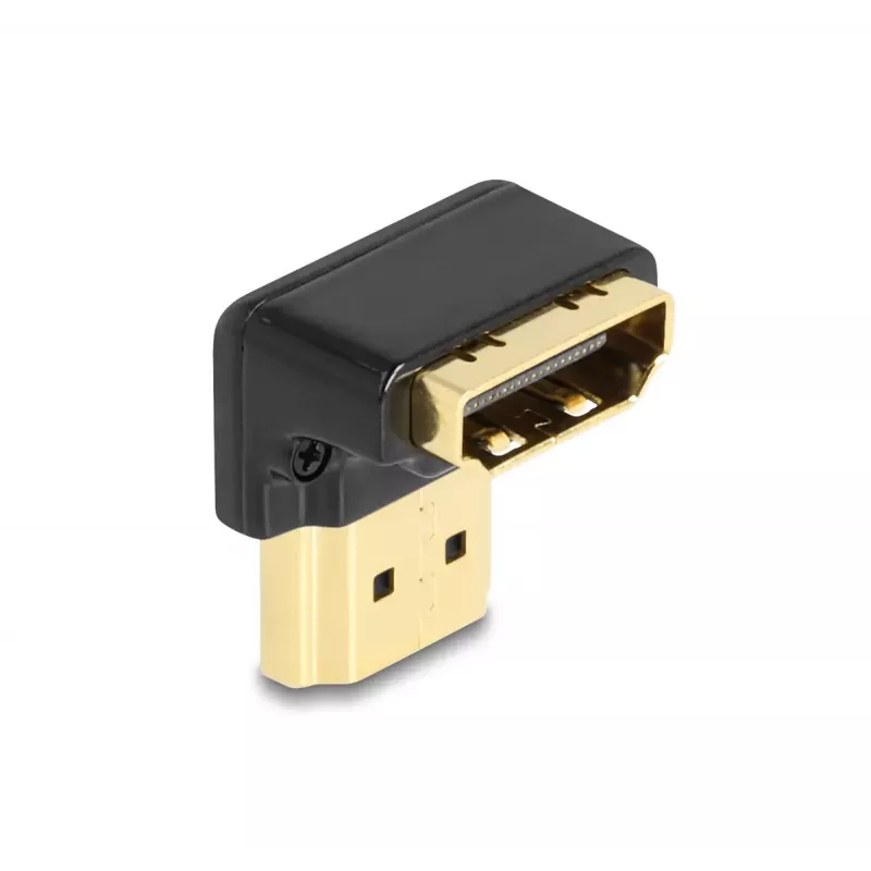 Adaptador HDMI DeLOCK conector macho a conector hembra 90° hacia abajo 8K 60 Hz metal