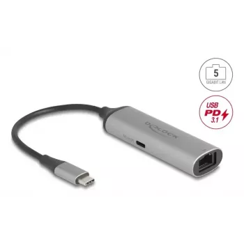 DELOCK 81591 Hub USB Type-C con RJ-45 Ethernet 2,5/5 Gbit/s y USB Type-C Power Delivery 140 W, aluminio, antracita/negro