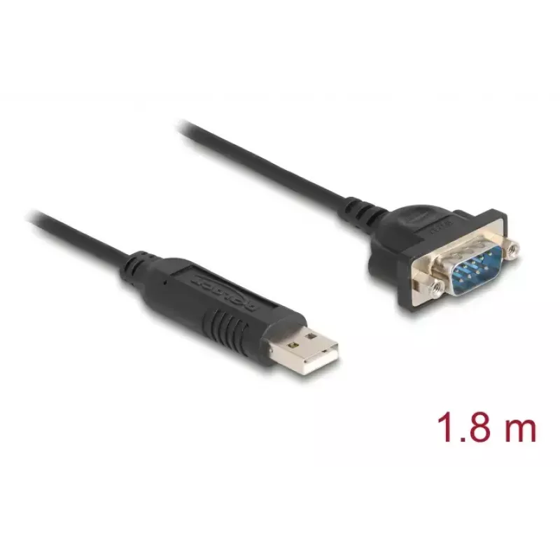 DELOCK Adaptador USB RS-232 USB 2.0 a D-Sub 9 macho con tuercas, USB Type-A a RS-232, 1,8 m, negro