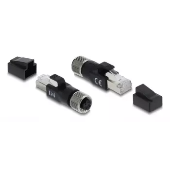 DELOCK Adaptador M12 codificado D de 4 pines hembra a RJ45 macho, contactos dorados, negro