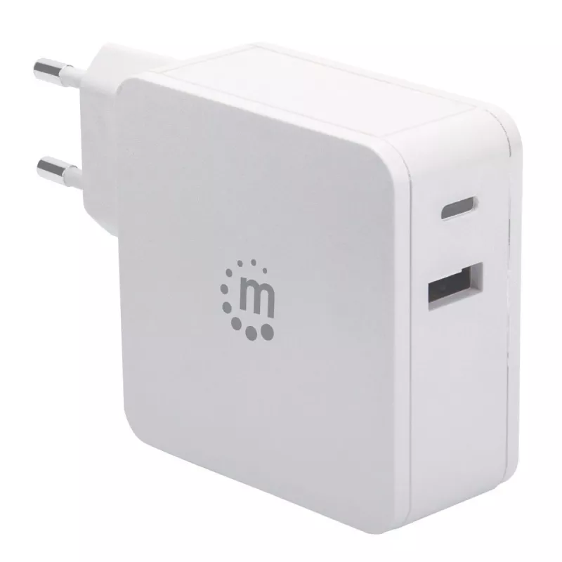 Manhattan Cargador de pared/alimentación (Euro 2 polos), conectores USB-C y USB-A, salida USB-C: 45W / 3A, salida USB-A: 2,4A, Blanco, Tres años de garantía, Caja