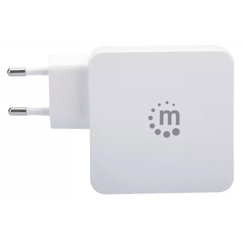 Manhattan Cargador de pared/alimentación (Euro 2 polos), conectores USB-C y USB-A, salida USB-C: 45W / 3A, salida USB-A: 2,4A, Blanco, Tres años de garantía, Caja