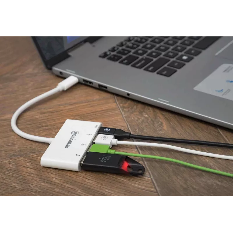Manhattan 163552 hub USB 3.0, 4 puertos (3x USB-A, 1x USB-C), con puerto USB-C Power Delivery