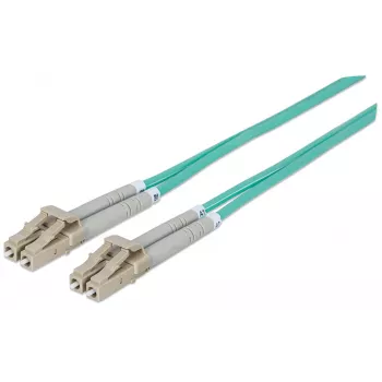 Intellinet Cable de conexión de fibra óptica, OM3, LC/LC, 10m, Aqua, Dúplex, Multimodo, 50/125 µm, LSZH, Fibra, Garantía de por vida, Bolsa de plástico