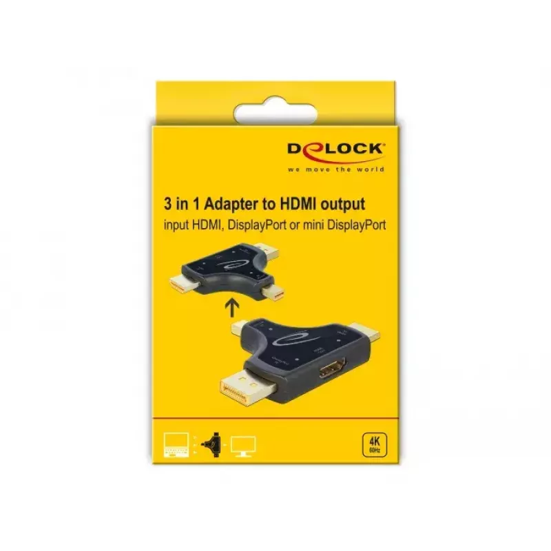 DeLOCK 64059 adaptador de monitor 3 en 1, entrada HDMI / DisplayPort / mini DisplayPort a salida HDMI, 4K 60 Hz, negro