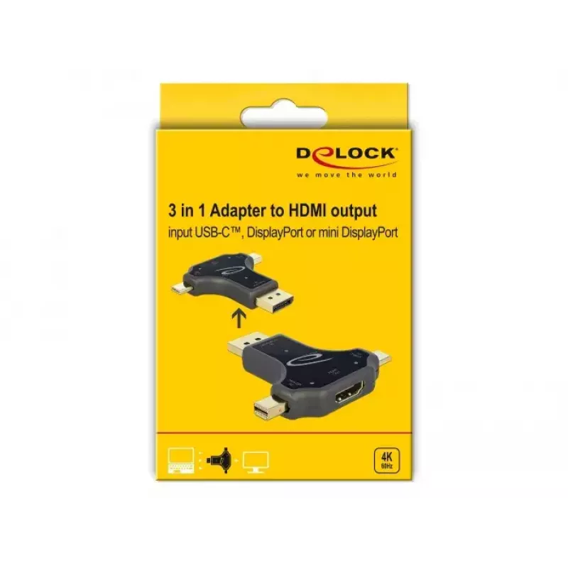 DeLOCK 64060 adaptador de monitor 3 en 1, entrada USB-C / DisplayPort / mini DisplayPort a salida HDMI, 4K 60 Hz, negro