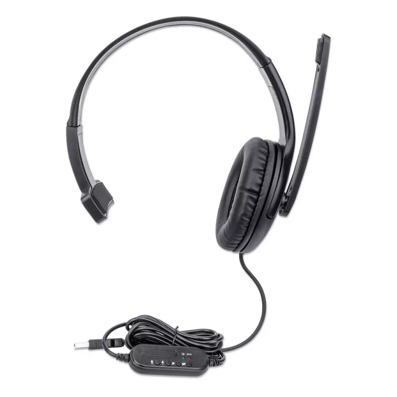 Auriculares con micrófono mono over-ear Manhattan (USB), brazo de micrófono (acolchado), envase de venta al público, diadema ajustable, mando en el cable, almohadillas, USB-A para audio y micrófono, cable 1,5 m, tres años de garantía
