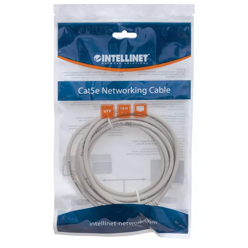 Cable de red patch Intellinet, Cat6, 15 m, gris, CCA, U/UTP, PVC, RJ45, contactos dorados, protección de la lengüeta, funda antipinzamiento, garantía de por vida