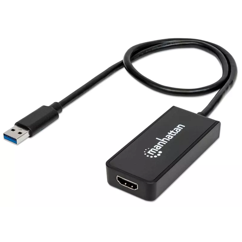 Cable adaptador Manhattan USB-A a HDMI, 60 cm, conector macho a conector hembra, 5 Gbit/s (USB 3.2 Gen1, también conocido como USB 3.0), 2560x1440 @ 32 bits de color, vídeo Full-HD 1080p@16:9, negro, blíster