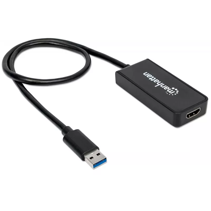 Cable adaptador Manhattan USB-A a HDMI, 60 cm, conector macho a conector hembra, 5 Gbit/s (USB 3.2 Gen1, también conocido como USB 3.0), 2560x1440 @ 32 bits de color, vídeo Full-HD 1080p@16:9, negro, blíster