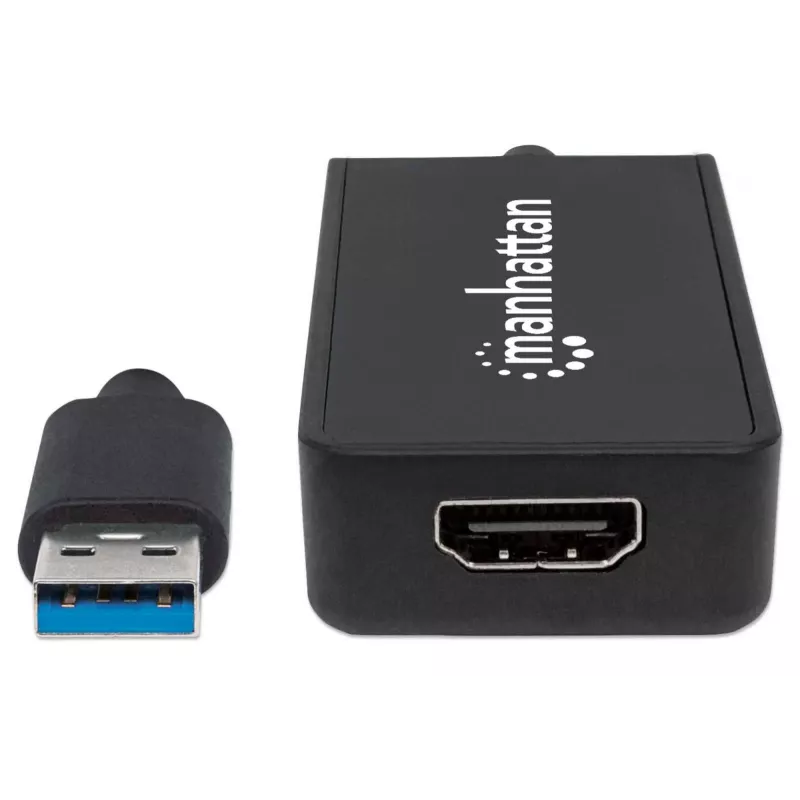 Cable adaptador Manhattan USB-A a HDMI, 60 cm, conector macho a conector hembra, 5 Gbit/s (USB 3.2 Gen1, también conocido como USB 3.0), 2560x1440 @ 32 bits de color, vídeo Full-HD 1080p@16:9, negro, blíster