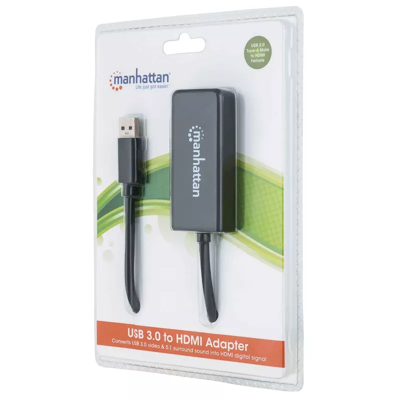Cable adaptador Manhattan USB-A a HDMI, 60 cm, conector macho a conector hembra, 5 Gbit/s (USB 3.2 Gen1, también conocido como USB 3.0), 2560x1440 @ 32 bits de color, vídeo Full-HD 1080p@16:9, negro, blíster
