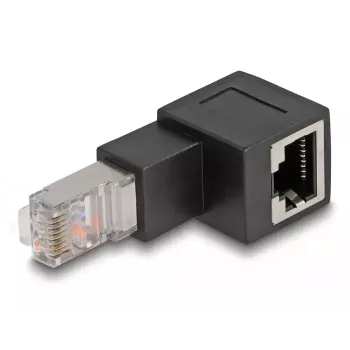 Adaptador DeLOCK RJ45 conector macho a RJ45 conector hembra Cat.6A 90° en ángulo hacia abajo