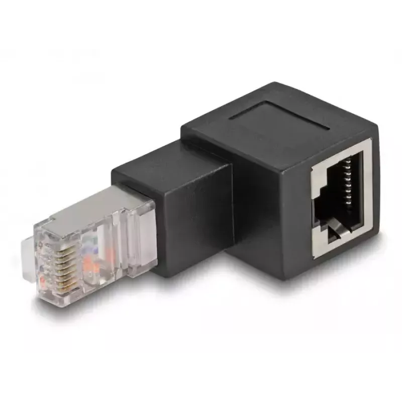 Adaptador DeLOCK RJ45 conector macho a RJ45 conector hembra Cat.6A 90° en ángulo hacia abajo