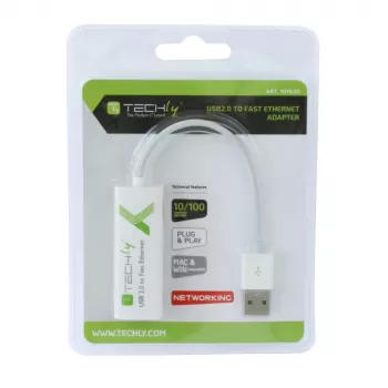 Convertidor Techly USB2.0 a Fast Ethernet 10/100 Mbit/s, con cable, USB, Ethernet, 100 Mbit/s, blanco