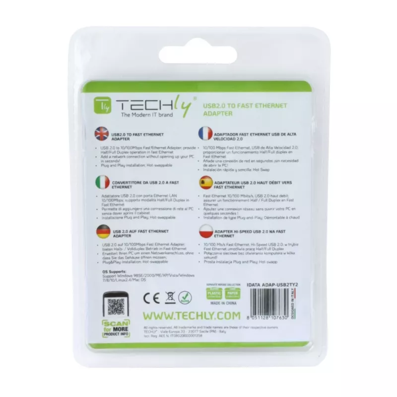 Convertidor Techly USB2.0 a Fast Ethernet 10/100 Mbit/s, con cable, USB, Ethernet, 100 Mbit/s, blanco