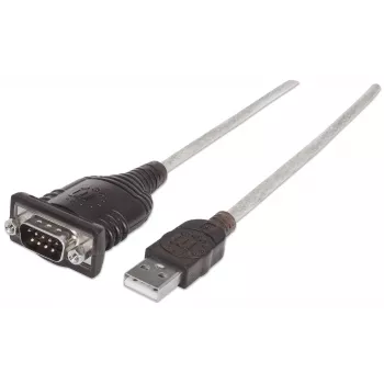 Cable convertidor Manhattan USB-A a serie, 45 cm, macho a macho, serie/RS232/COM/DB9, chipset Prolific PL-2303HXD, cable negro/plateado, tres años de garantía