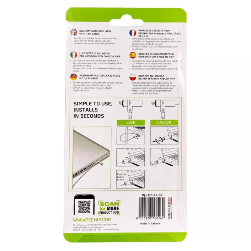 Sistema de seguridad Techly Wedge-Lock candado para cable de portátil 1,8 m