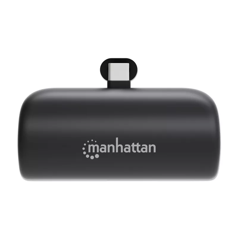 Batería externa Manhattan con conector USB-C integrado, 5000 mAh, hasta 20 W de potencia de salida, soporte para usar como soporte de móvil cargador, negro, un año de garantía