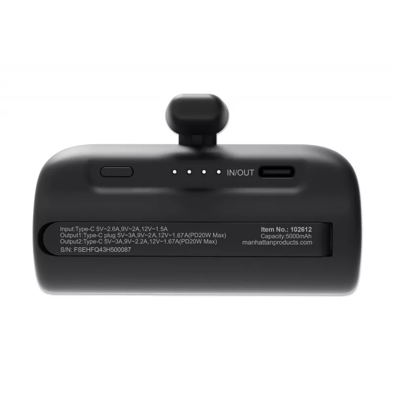 Batería externa Manhattan con conector USB-C integrado, 5000 mAh, hasta 20 W de potencia de salida, soporte para usar como soporte de móvil cargador, negro, un año de garantía