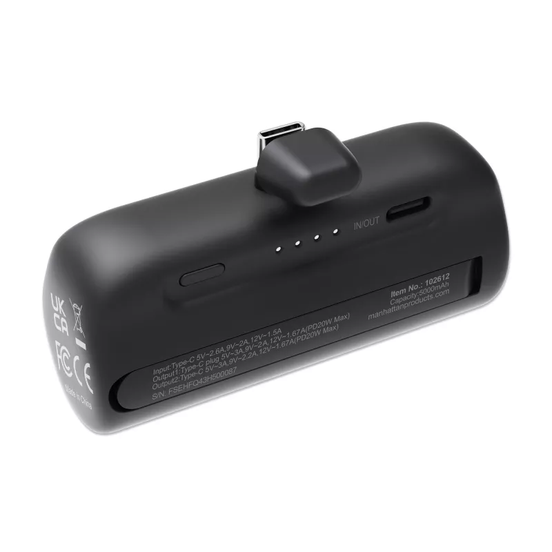 Batería externa Manhattan con conector USB-C integrado, 5000 mAh, hasta 20 W de potencia de salida, soporte para usar como soporte de móvil cargador, negro, un año de garantía