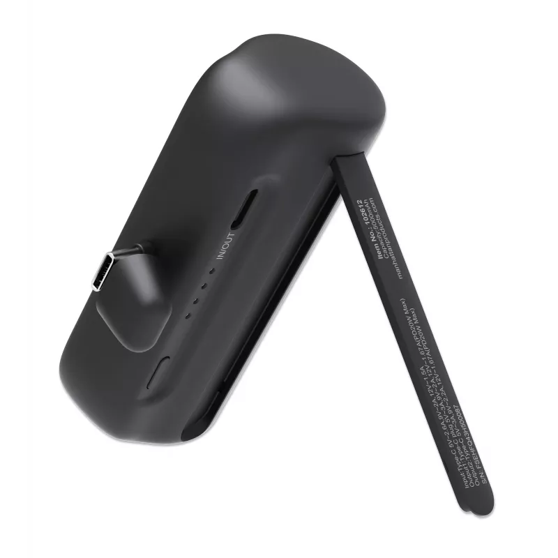 Batería externa Manhattan con conector USB-C integrado, 5000 mAh, hasta 20 W de potencia de salida, soporte para usar como soporte de móvil cargador, negro, un año de garantía