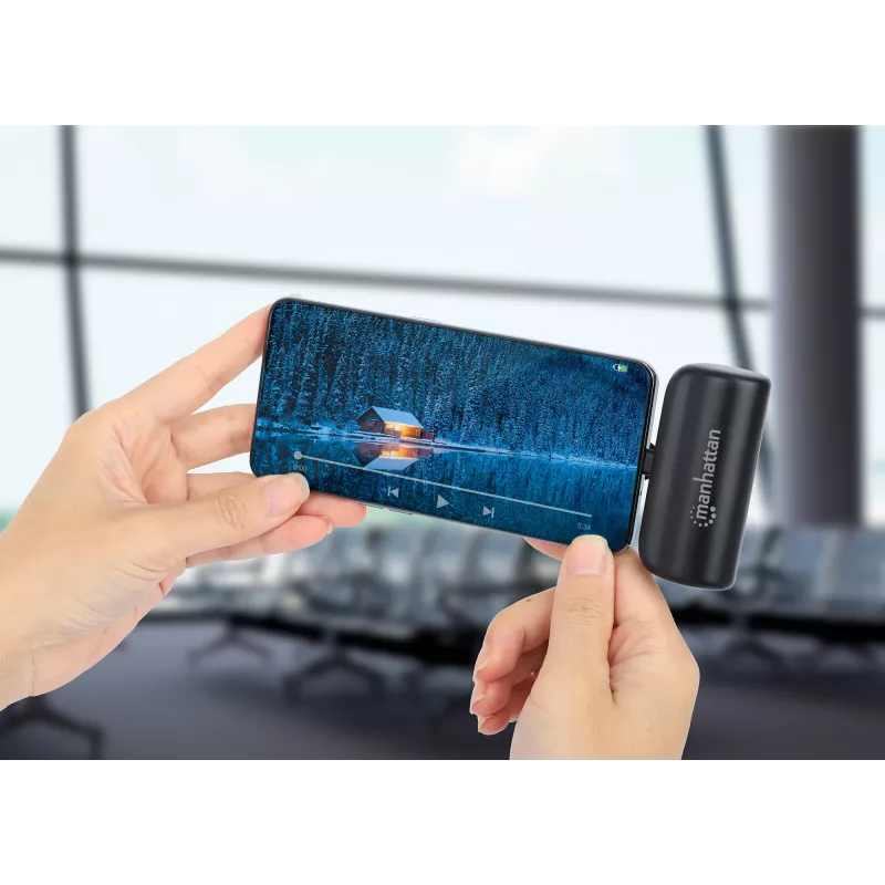 Batería externa Manhattan con conector USB-C integrado, 5000 mAh, hasta 20 W de potencia de salida, soporte para usar como soporte de móvil cargador, negro, un año de garantía
