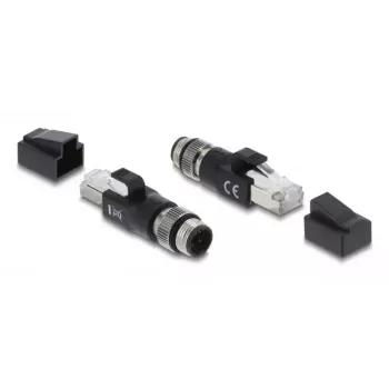 Adaptador M12 codificado D de 4 polos (macho) a conector RJ45, DELOCK 90831, contactos dorados, negro